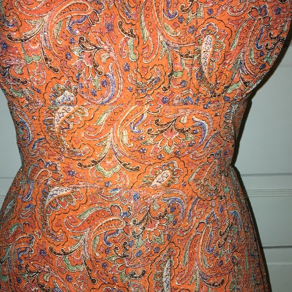 Vintage Evening Dress Orange Paisley Gold Lame - Picture 5 of 8